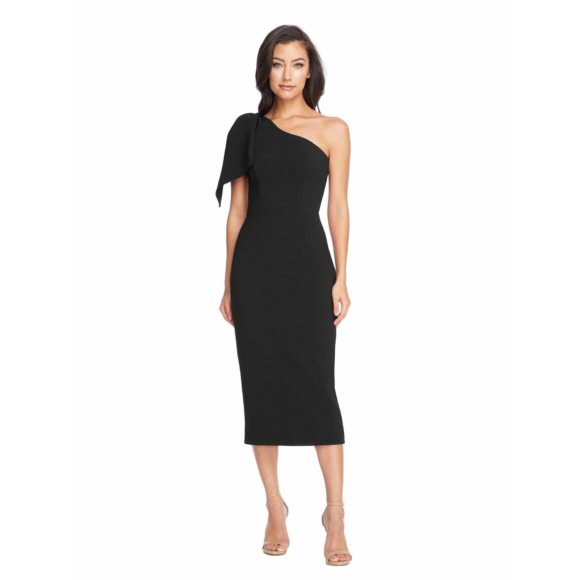 dress the population tiffany one-shoulder midi dress black